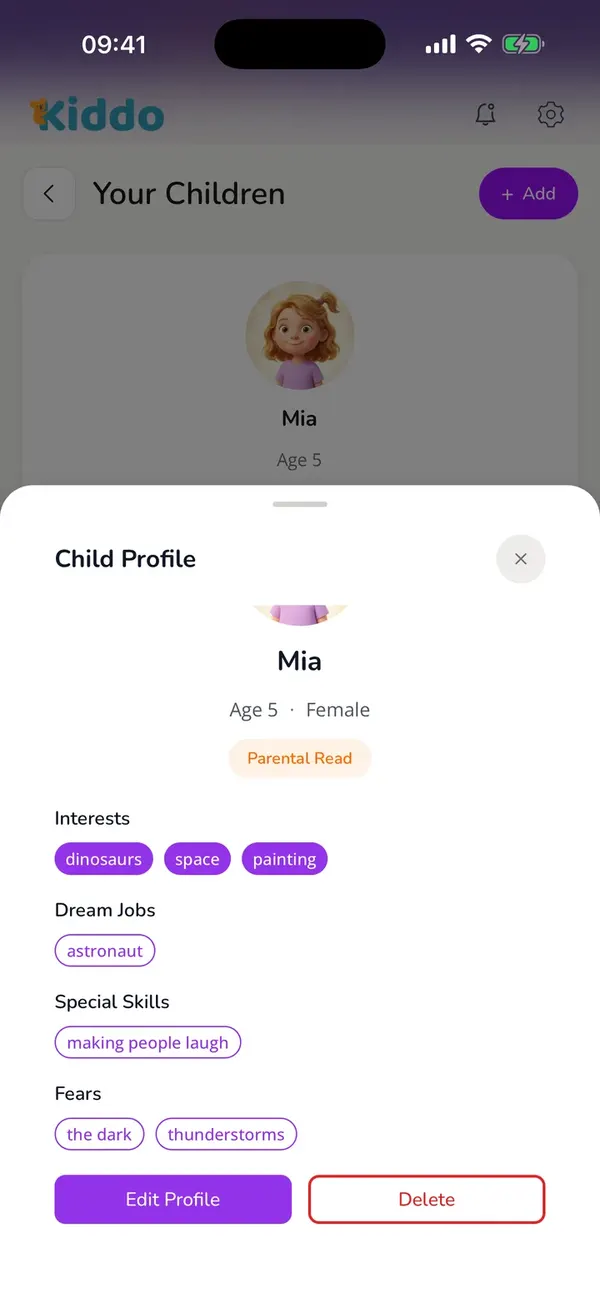 The Kiddo child profile screen, showing a child's interests, dream jobs, special skills and fears