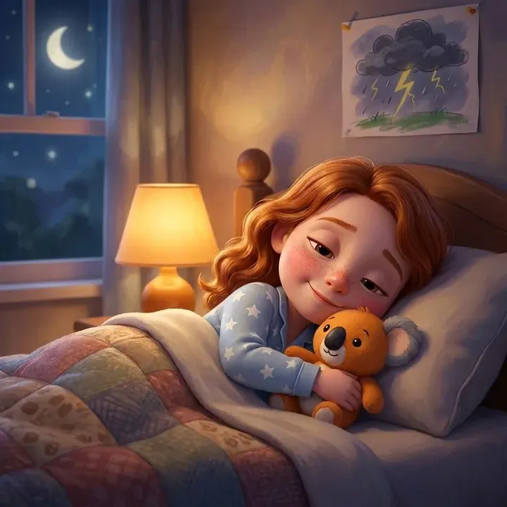 Story cover: Mia curled up in bed at night hugging a plush koala, her thunderstorm painting pinned to the wall above
