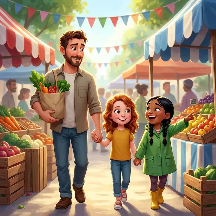 Story cover: Mia walking through a street market holding her dad's hand, with a neighbour friend beside her