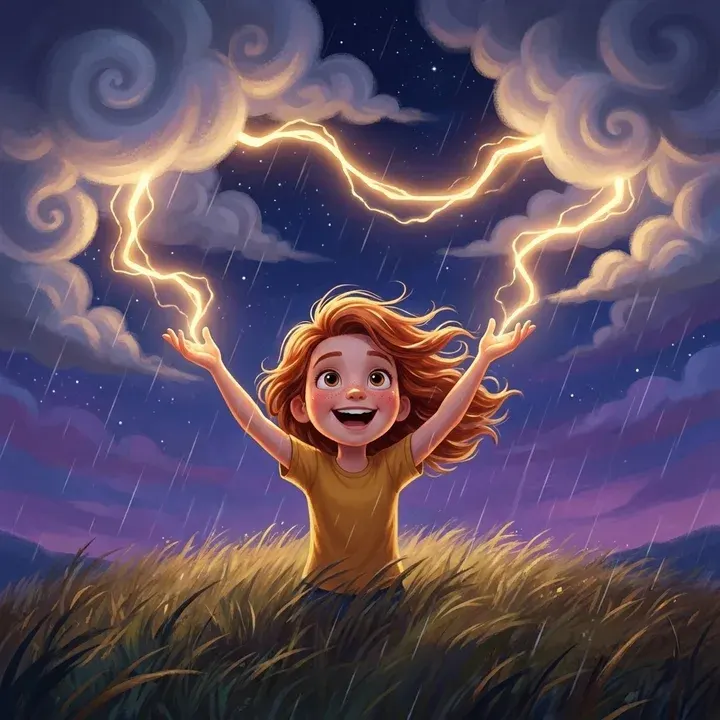 Story cover: Mia on a hilltop at night, arms raised, conducting golden lightning through storm clouds