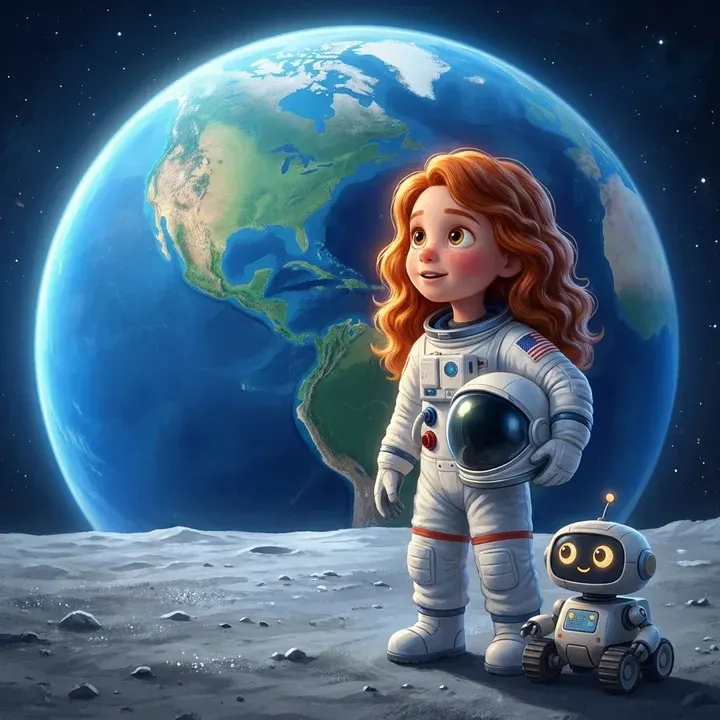 Story cover: Mia in an astronaut suit on the moon, watching Earth rise, with a small robot rover beside her