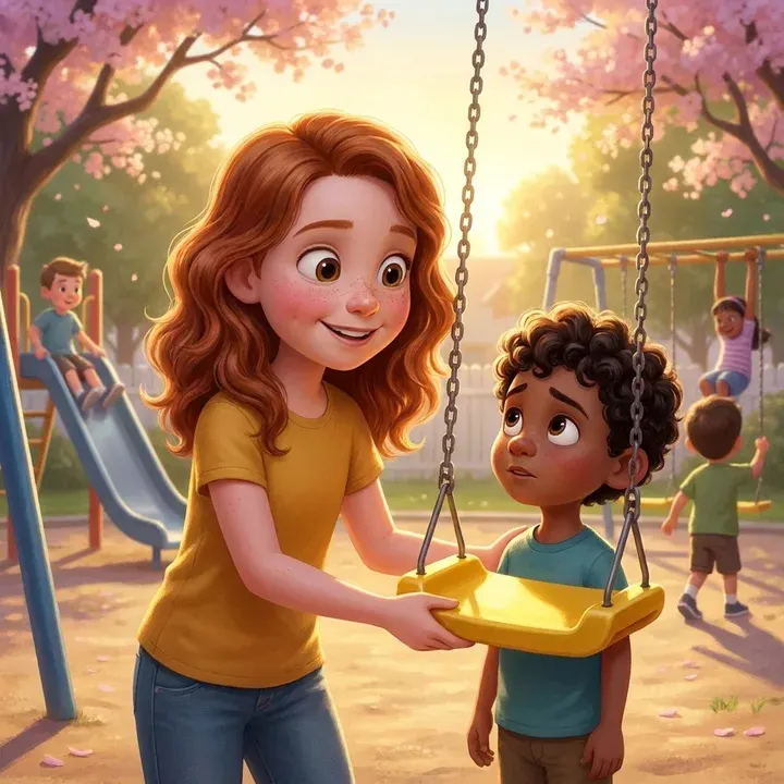 Story cover: Mia at a playground holding a yellow swing steady and offering it to a smaller boy