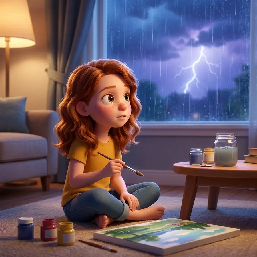 Page one of Mia's story: Mia sits painting on the living-room floor, brush paused, looking up at lightning through a rain-streaked window